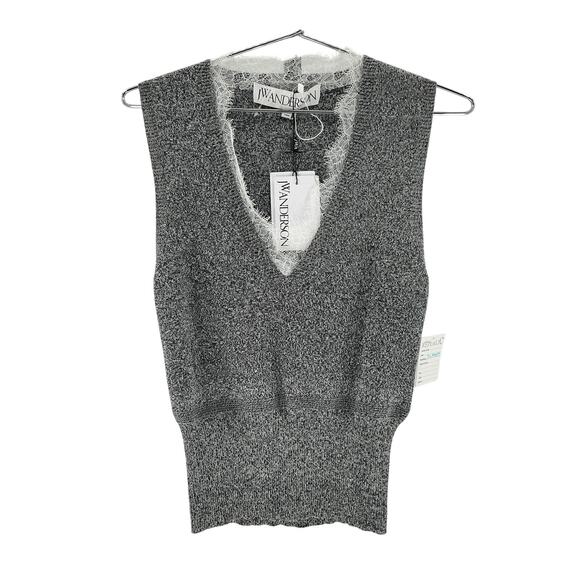 J.W. Anderson Grey Cotton Lace Trim V Neck Vest Size M - Picture 2 of 4